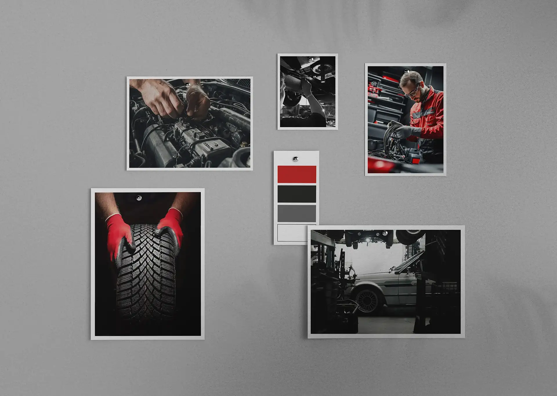 Moodboard Nicolas Collardey Réparation présentant l’univers visuel de la mécanique automobile, de la réparation et de la robustesse.